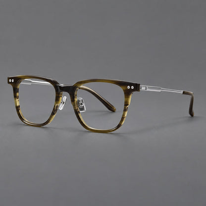 Montatura classica in acetato e titanio con bordo squadrato e rivetti doppi agli angoli — immagine del prodotto