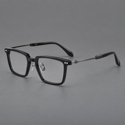 Montatura classica in acetato e titanio con bordo diritto e forme rettangolari arrotondate — immagine del prodotto