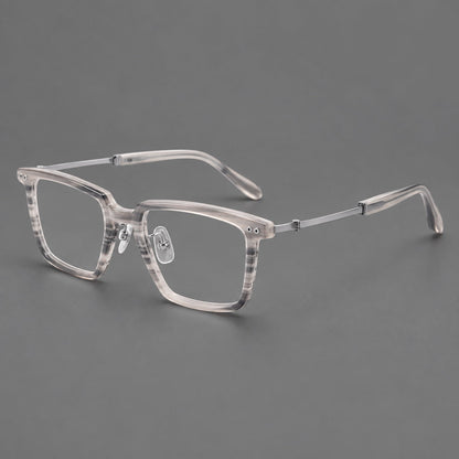Montatura classica in acetato e titanio con bordo diritto e forme rettangolari arrotondate — immagine del prodotto