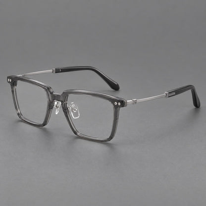 Montatura classica in acetato e titanio con bordo diritto e forme rettangolari arrotondate — immagine del prodotto