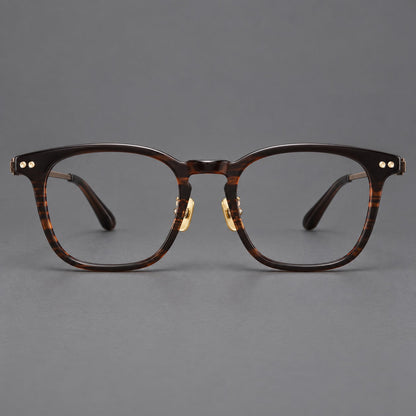 Montatura rétro in acetato e titanio con linee quadrate morbide e cerniere circolari — immagine del prodotto