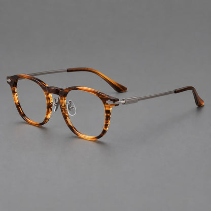 Montatura rétro in acetato e titanio con linee quadrate morbide e angoli in metallo — immagine del prodotto