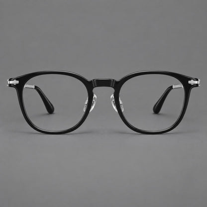 Montatura rétro in acetato e titanio con linee quadrate morbide e angoli in metallo — immagine del prodotto