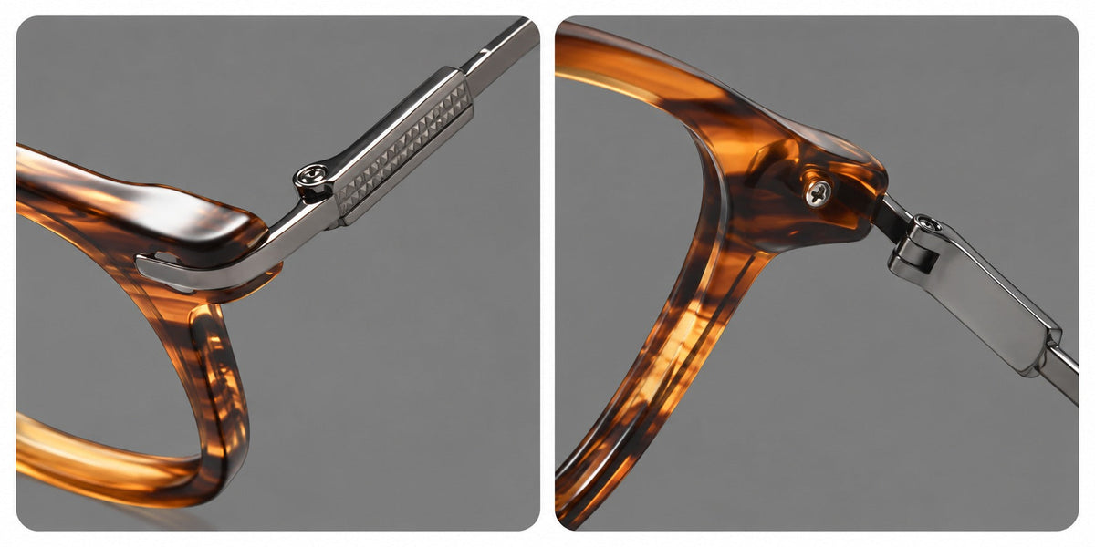 Montatura rétro in acetato e titanio con linee quadrate morbide e angoli in metallo — immagine del prodotto