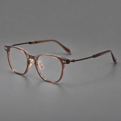 Montatura vintage in acetato e titanio con linee quadrate morbide e rivetti doppi — immagine del prodotto