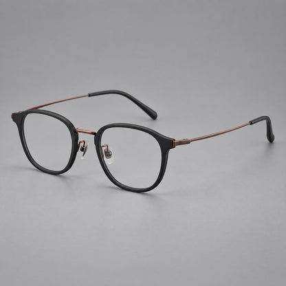 Montatura rétro in acetato e titanio con linee quadrate morbide e aste sottili — immagine del prodotto