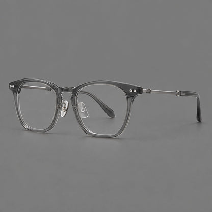 Montatura rétro in acetato e titanio con linee quadrate morbide e cerniere circolari — immagine del prodotto