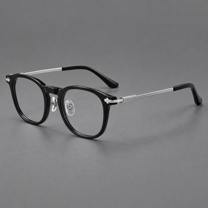 Montatura rétro in acetato e titanio con linee quadrate morbide e angoli in metallo — immagine del prodotto