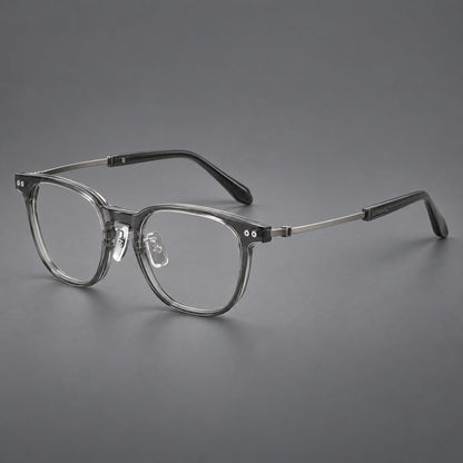Montatura vintage in acetato e titanio con linee quadrate morbide e rivetti doppi — immagine del prodotto