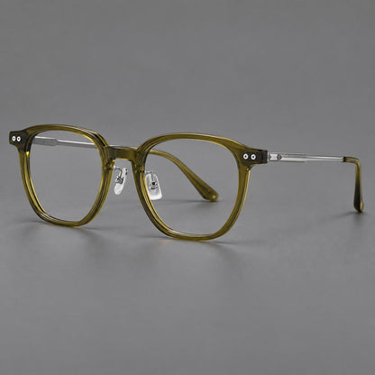 Montatura vintage in acetato e titanio con bordi quadrati arrotondati e aste traforate — immagine del prodotto
