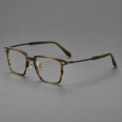 Montatura classica in acetato e titanio con bordo diritto e forme rettangolari arrotondate — immagine del prodotto