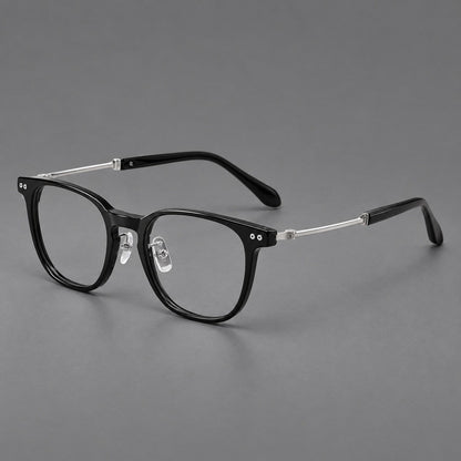 Montatura vintage in acetato e titanio con linee quadrate morbide e rivetti doppi — immagine del prodotto