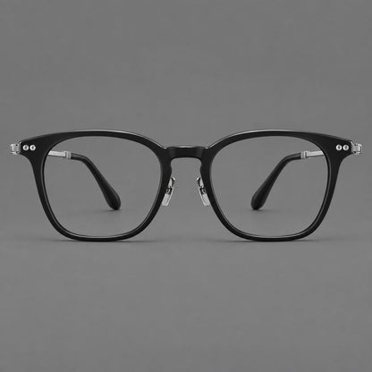 Montatura rétro in acetato e titanio con linee quadrate morbide e cerniere circolari — immagine del prodotto