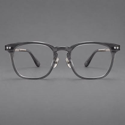 Montatura rétro in acetato e titanio con linee quadrate morbide e cerniere circolari — immagine del prodotto