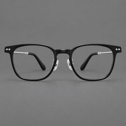 Montatura vintage in acetato e titanio con linee quadrate morbide e rivetti doppi — immagine del prodotto